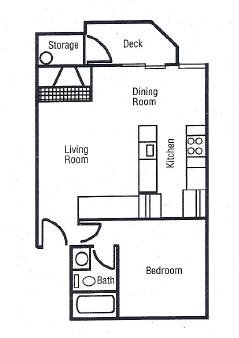 A floor plan of a small apartment with a living room, dining room, kitchen, bedroom, and bathroom.